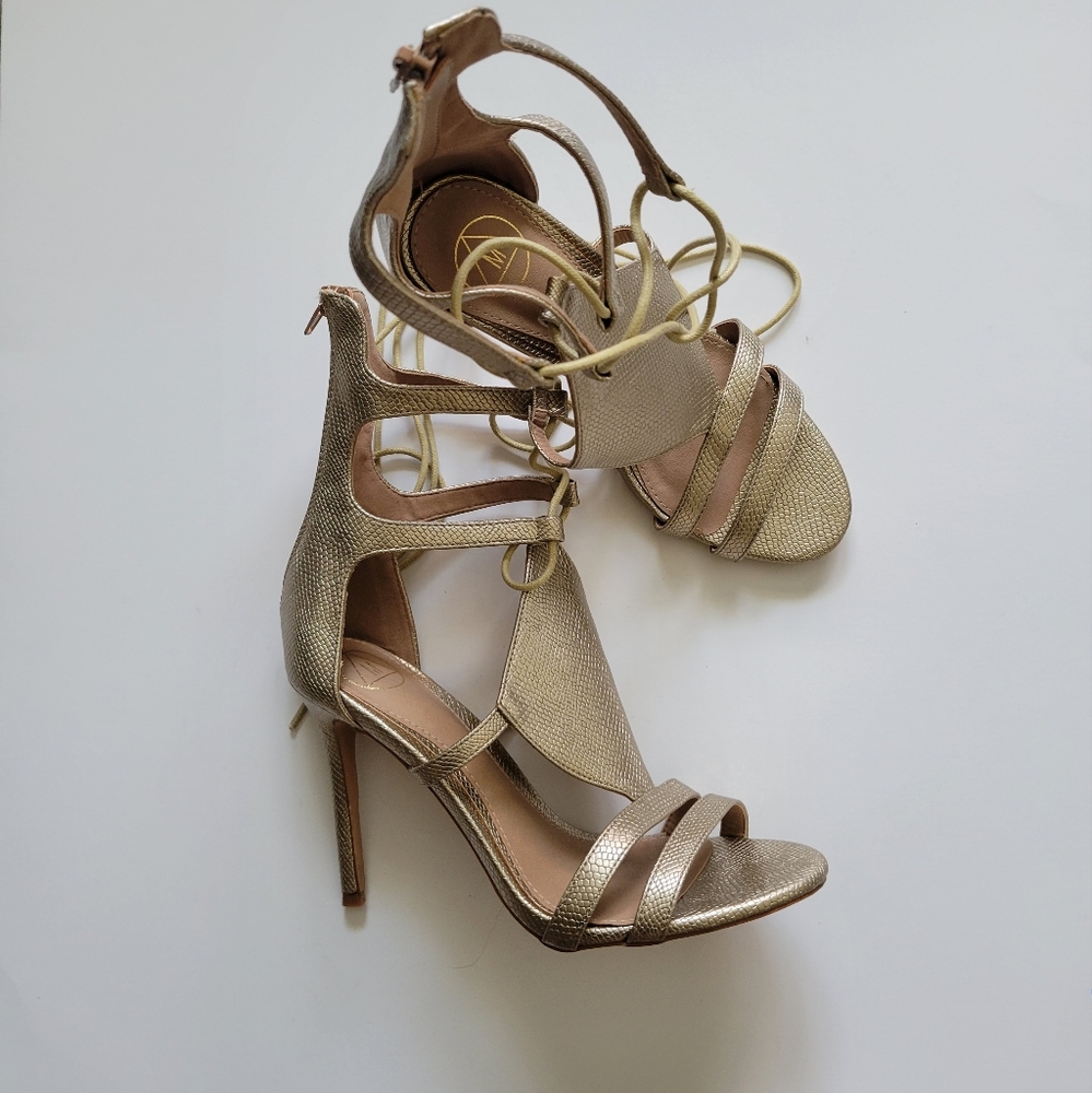 GOLD STRAPPY LACE UP OPEN TOE HEELS